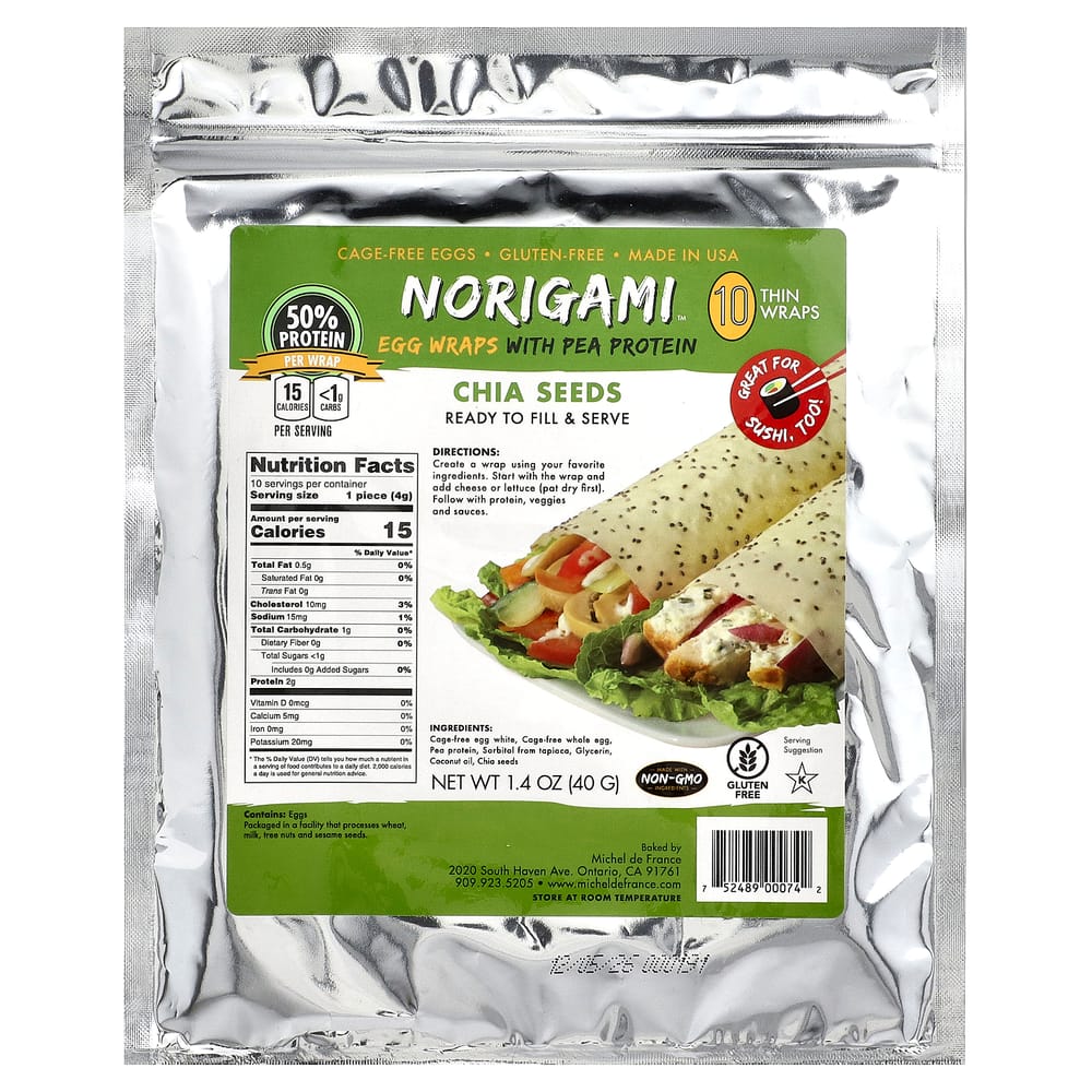 iHerb Pea Protein Egg Wraps with Chia Seed, Thin Wraps, 10 Sheets, 40g (1.4oz)