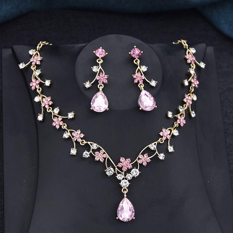 Rhinestone Water drop Flower Bridal Jewelry Sets for Women Earring and Choker Necklace Set Wedding Jewelry Sets 3 Pcs Set Gifts