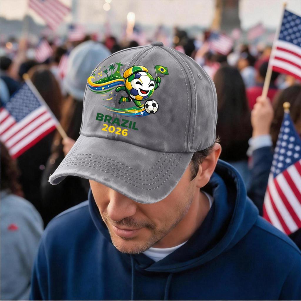 Unisex Vintage Washed Baseball Cap Soccer Fan Hat Embroidered Brazil 2026 Logo Adjustable Strap Back Supporter Headwear