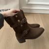 Belt buckle casual Martin boots women's medium boots 2025 autumn and winter new round head solid color thick medium heel fashion boots women