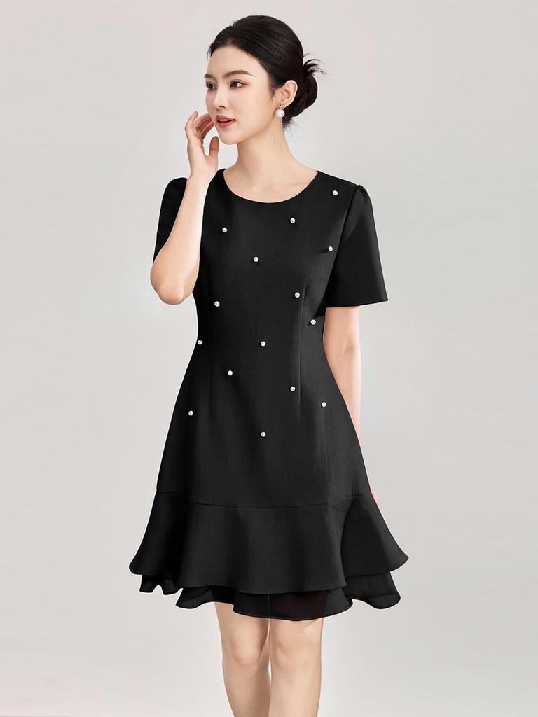 Elegant French Beaded Ruffle Hem Patchwork Gauze Dress for Women - Summer New Arrival
