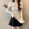 Autumn French Ruffle Flower Off Shoulder Long Sleeve Knit Top Women Irregular Flare Sleeve Shirt