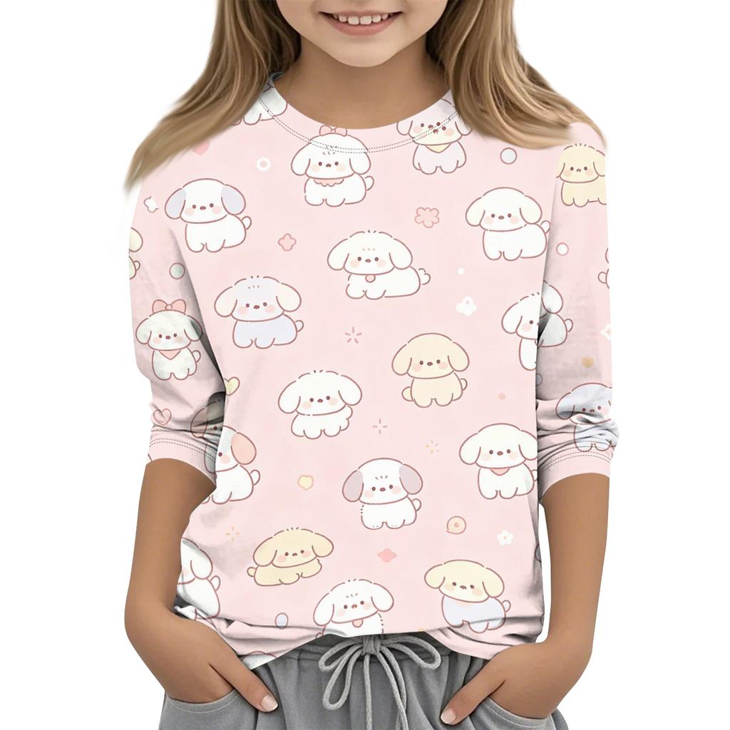 Kids Animal Print Crew Neck 3/4 Sleeve Casual T Shirt Soft Fabric Comfortable Fit Lightweight Design Suitable for Everyday Wear