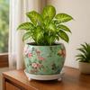 5 Inches, Lily Green Metal Plant Pot with Saucer Plate | Indoor Outdoor Home Decor Item for Garden Plants Flower, Balcony, Patio, Living Room,