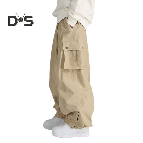 

Мужские брюки с несколькими карманами, эластичный пояс, обтянутый щиколоткой, свободные винтажные брюки-карго, однотонные уличные брюки для походов на свежем воздухе, кемпинга M хаки