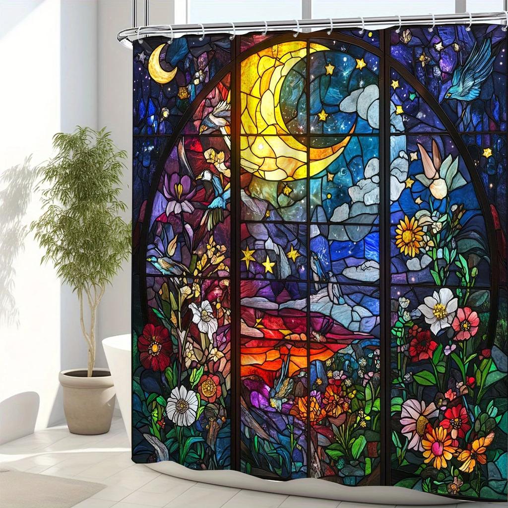 Stained Glass Moon & Flowers Waterproof Shower Curtain - Enchanting Design for a Dreamy Bathroom Décor Experience