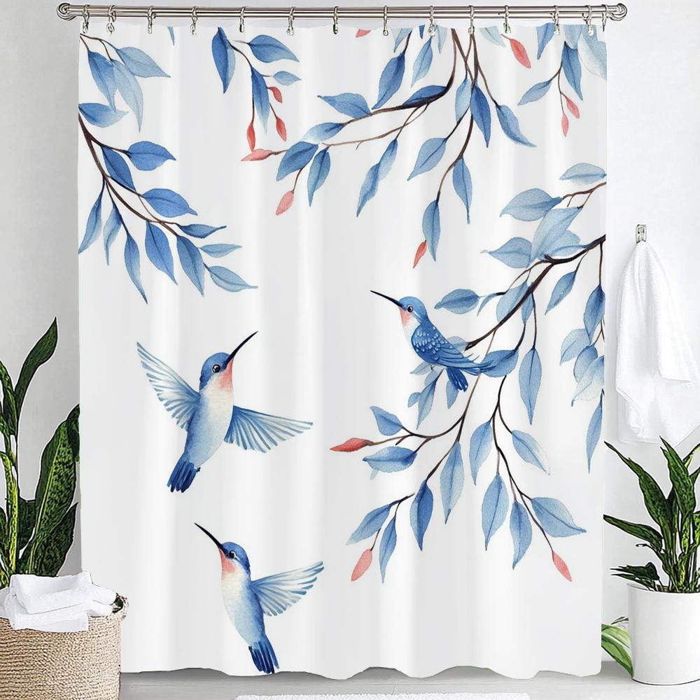 Blue Watercolor Plants Flower and Bird Print Waterproof Shower Curtain Partition Privacy Hanging Curtain with 12 Hooks Washable