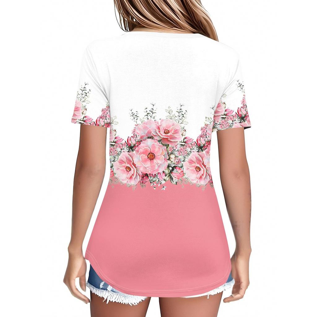 Dámské topy s krátkým rukávem Letní trička s výstřihem do V Ležérní plisovaná halenka Volný potisk Základní tričko