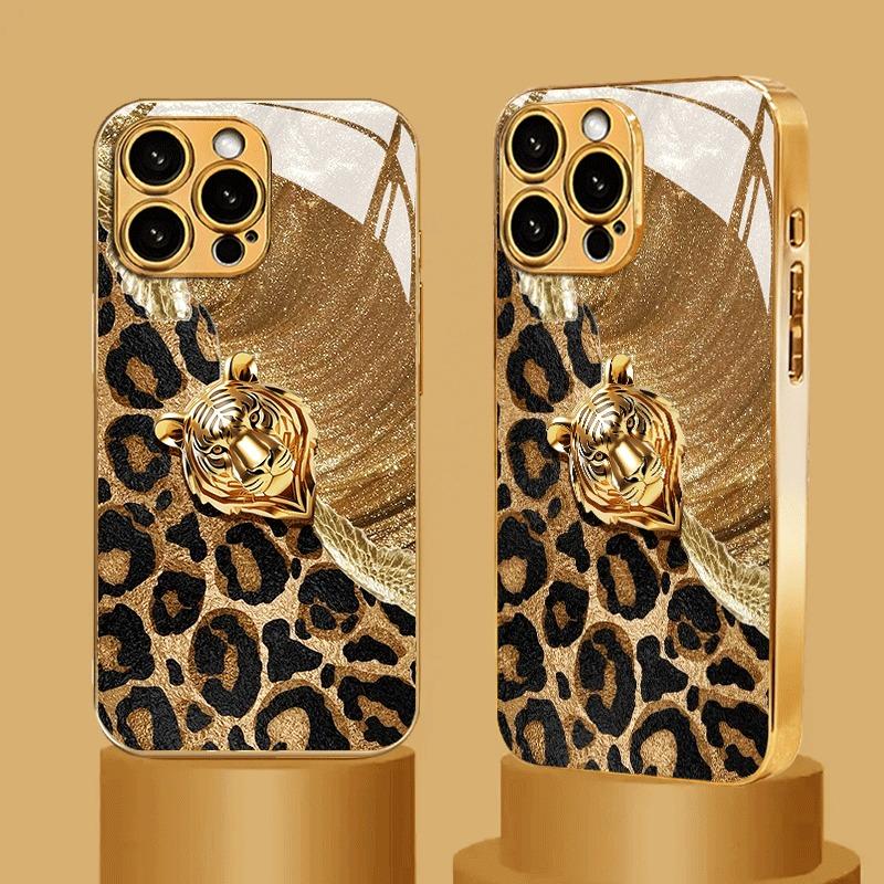 Löwe Leopard Muster Gold Metallic Lack Glas Handyhülle Für iPhone 17 Pro Max 16 15 14 13 12 11 Pro 15 14 Plus 17 Air 16E Hülle