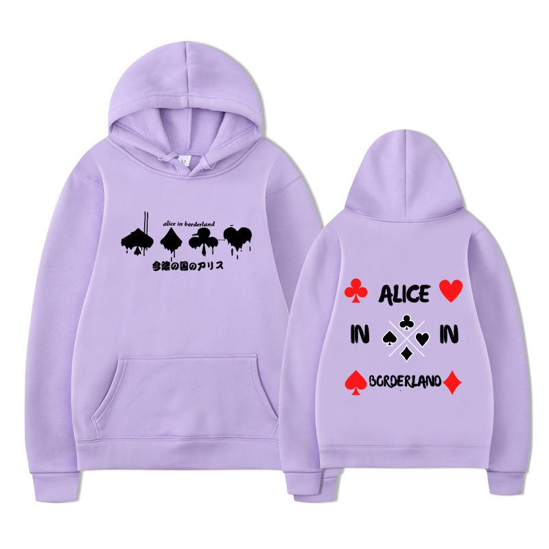 Alice in Borderland Hoodie – Unisex Black Double Sided Fleece Sweatshirt, Playing Card Suits & Japanese Kanji Drip Print, AIB Anime Streetwear