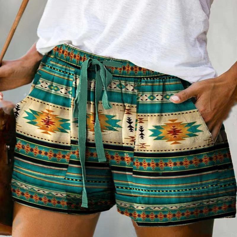 Women's Summer Trendy  Elastic Shorts Waistband Sweat Absorbing Thin Retro Print Drawstring Loose Shorts