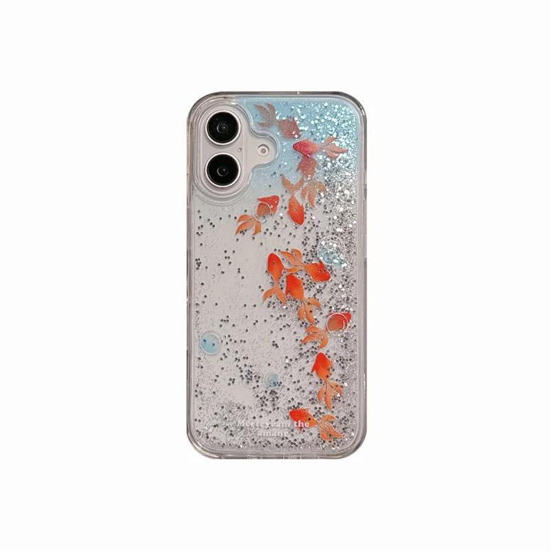 

Блискучий кейс з рухомим піском та золотими рибками для iPhone 16 16 Pro 15 Pro Max 14 13 iPhone 12 Прозора задня кришка Funda Coque For iPhone 12 золота рибка