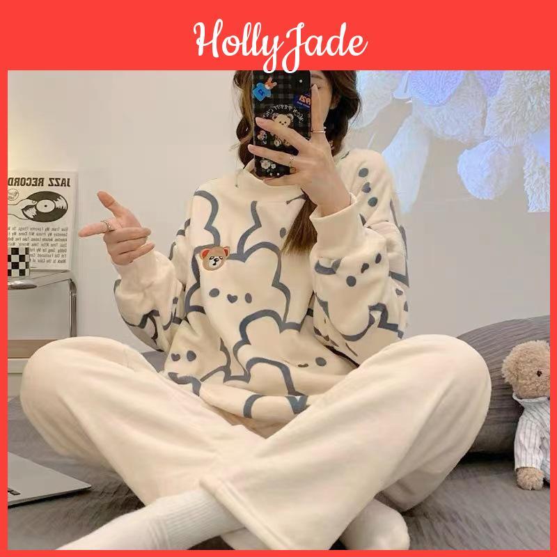Thick Pajamas Womens Warm Fleece Set Winter Sleepwear Casual Solid Top And Plaid Pants Soft Pijamas Set For Women Home Suit