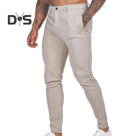 Herren-Hosen, schmale Passform, einfarbig, mittlere Taille, weich, dünn, atmungsaktiv, Schrägtaschen, knöchellang, Knopf, Reißverschluss, lange Herren-Business-Hose