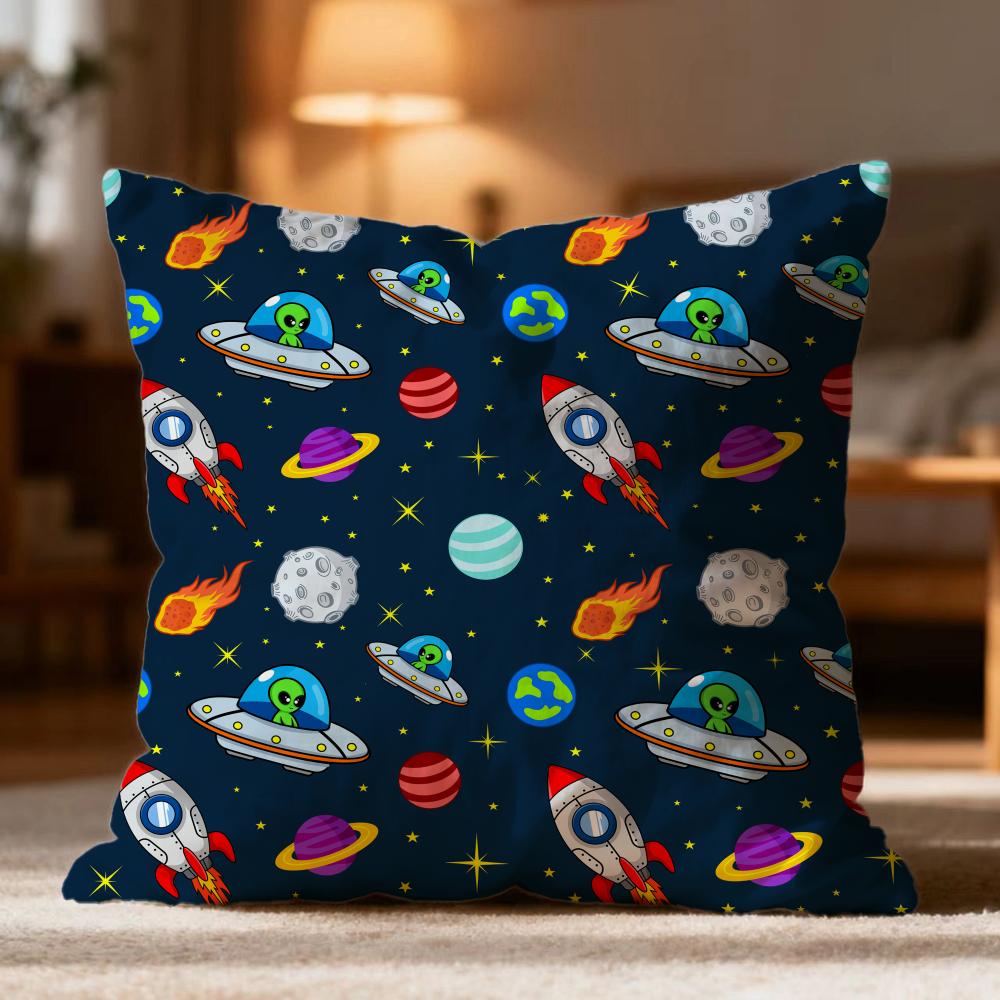 Fashion O-Oouter Space Cartooned Cushion Cover Soft Washable Pillow Case Multi-Scene for Couch Bed Travel Office Use