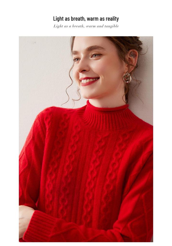 Women's Half-High Neck Cable Knit Cashmere Sweater - Diamond Pattern, Thick & Warm for Autumn & Winter
