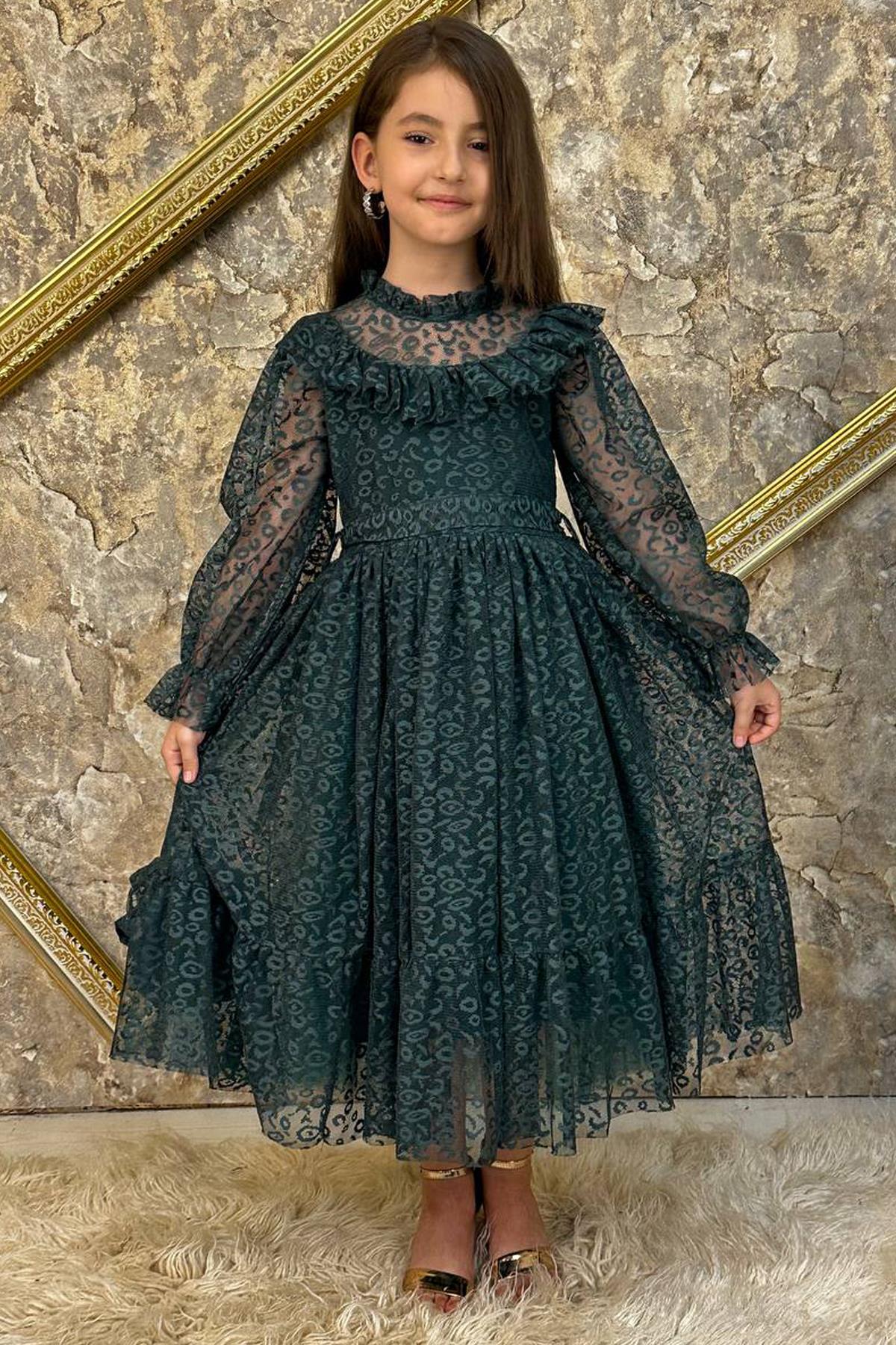 

Girl Child Frilly Neck Transparent Detailed Patterned Green Dress 6-9Years