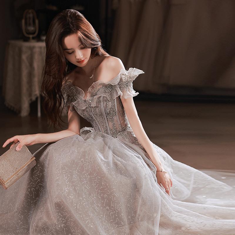 One-word Shoulder Evening Dress 1011 Summer New Elegant Long Temperament Banquet Host Student Art Exam Evening Dress