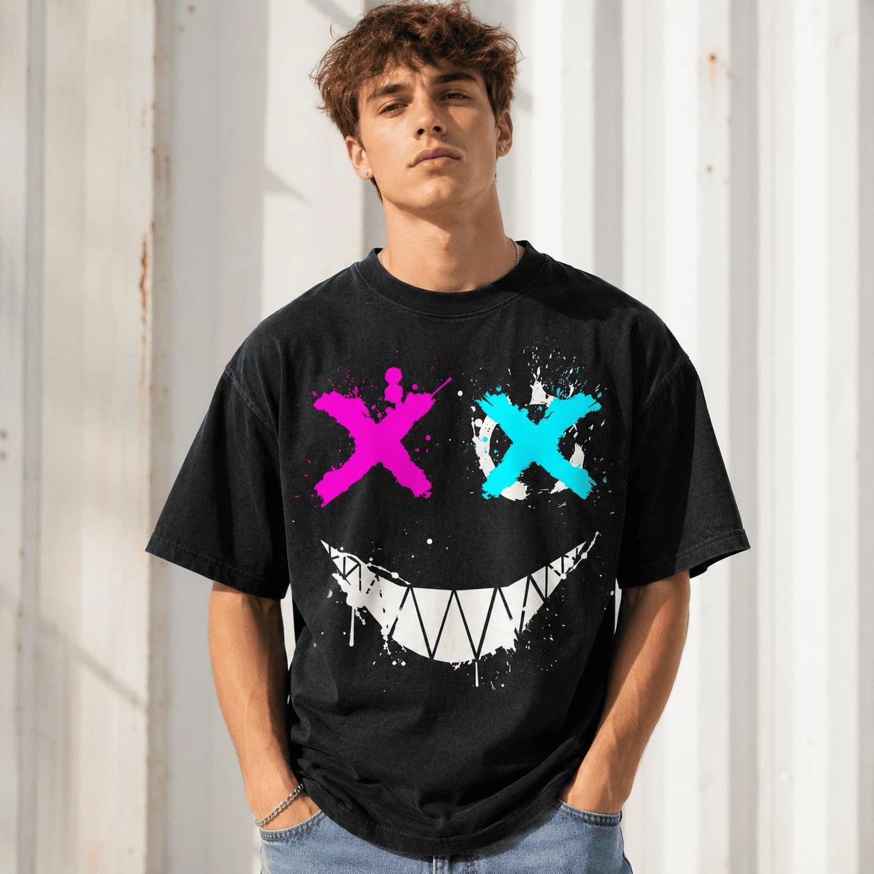 Funny Skull Smile Graphic T-Shirt Neon X Eyes Streetwear Punk Tee XXL