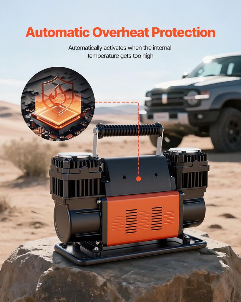 Dual-Cylinder Heavy Duty Air Compressor, 300 L/min Portable Tire Inflator, 12V 150PSI Offroad Air Pump with Digital Pressure Gauge & Adapters for