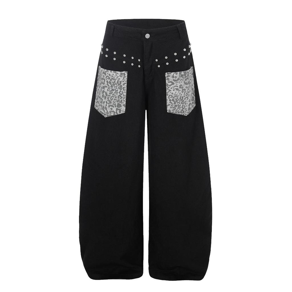 Design versatile leopard print splicing rivet scimitar jeans men's American street style ins loose wide-leg trousers