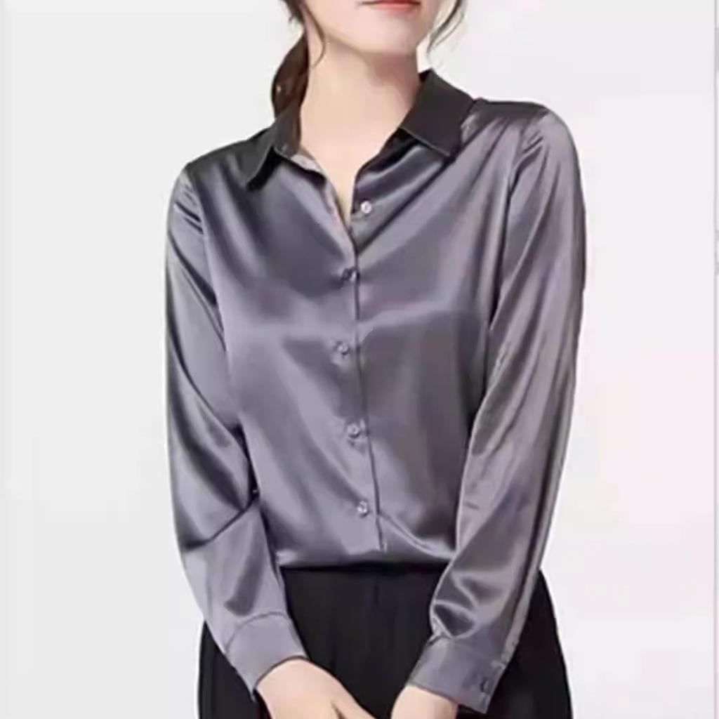 Korean Commute Spring Autumn Satin Blouses Women's Polo Neck Solid Button Loose Ruched Long Sleeve Casual All-match Shirts