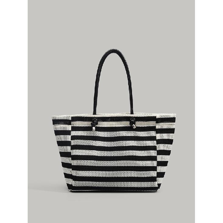 Elegant black and white striped tote bag, woven large-capacity shoulder bag for women, casual style, lightweight vacation bag, shopping bag чёрный