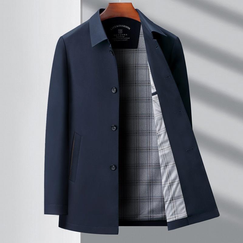 New Men's Windbreaker Mid-length Mulberry Silk Lapel Middle-aged and Elderly Spring and Autumn High-end Casual Civil Servant Jacket