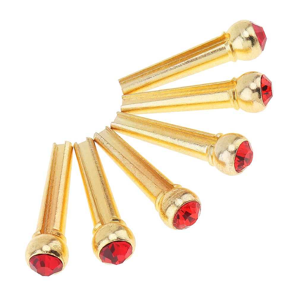 

6 шт., штифты для моста из чистой меди и латуни с красными кристаллическими головками, набор колышков для ногтей для акустической гитары золотой/красный