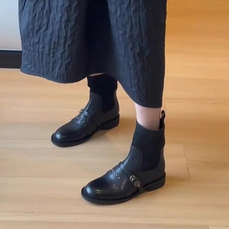 Sheepskin Version~ Fashion Retro Rivet Belt Buckle Splicing Elastic Thin Boots Women's Versatile Socks Boots Short Boots Martin Boots