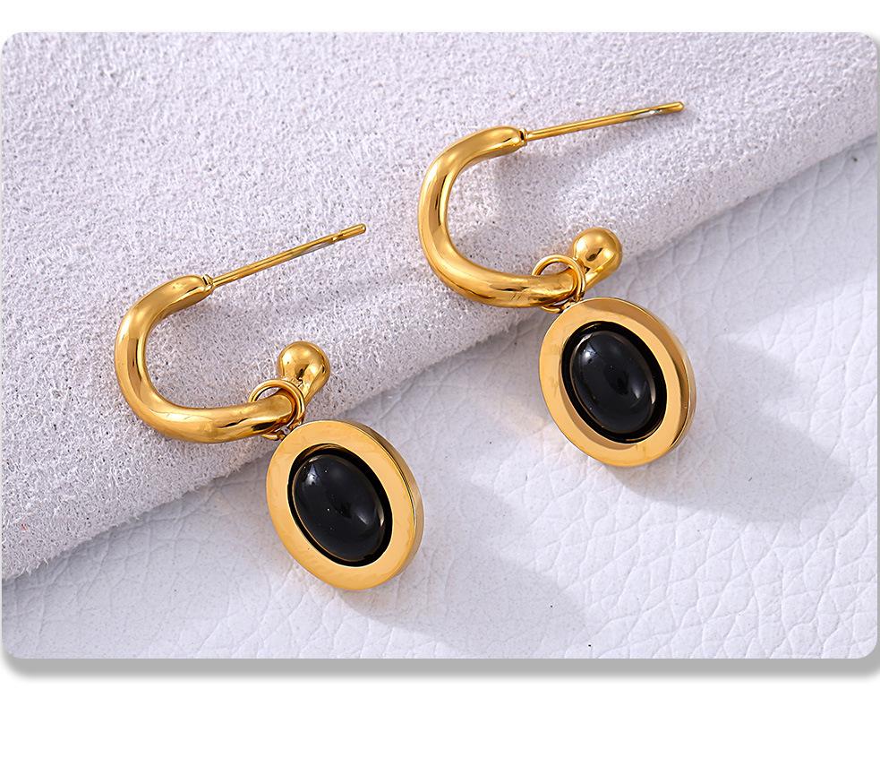 Qiong Yao European Oval Agate Earrings, 18K Gold-Plated Stainless Steel, Elegant and Exquisite Drop Design for Women