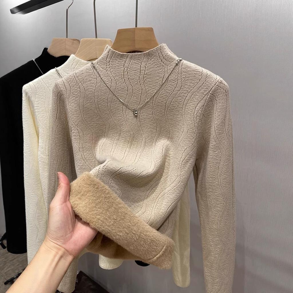 Autumn and winter fleece thickened sweater schoolgirl integrated fleece with semi-turtleneck knitted wool cashmere bottoming shirt top