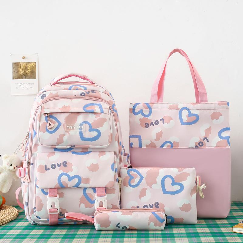 School bag girl love backpack large capacity junior high school campus school bag girl cute casual four-piece backpack