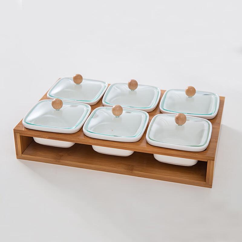 Qianxing Ceramic Snack Serving Set with Glass Lids & Bamboo Tray