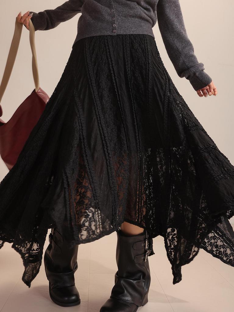 Octagonal Knit Lace Skirt with Elastic Waistband and Irregular Hem - Spring/Autumn 