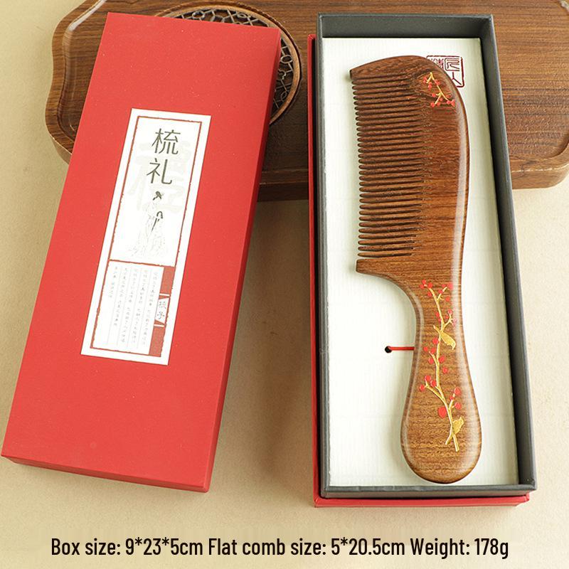 Premium Black Gold Sandalwood Comb: Hand-Painted, Anti-Static, Portable Hair Styling Comb with Gift Box for Women.