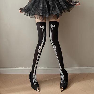Black Gothic Punk Skeleton Socks Vintage Thin Knee High Non-Slip Over Knee Girls Punk Printing Long Tube Socks Cosplay Halloween