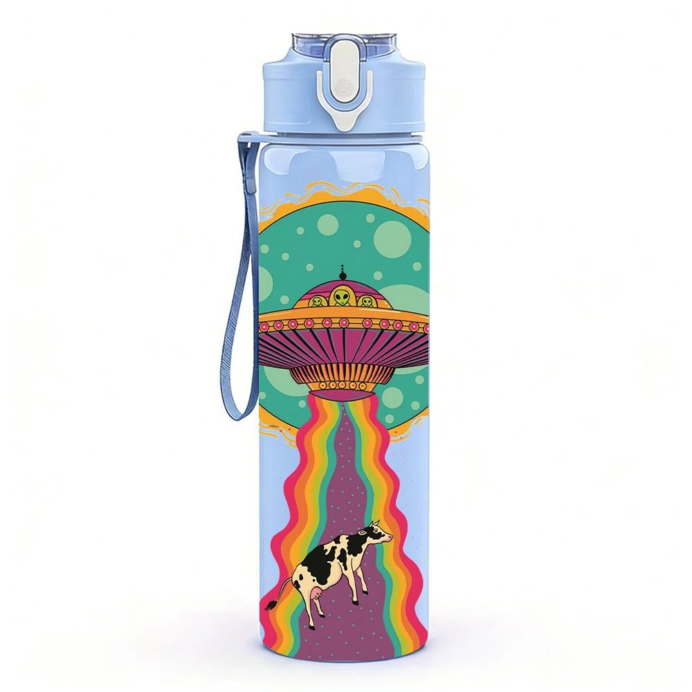 1PC Retro UFO Desert Scene 750ml Color Plastic Sports Water Bottle Leakproof Flip Straw Lid Suitable for Sports Office Home Use