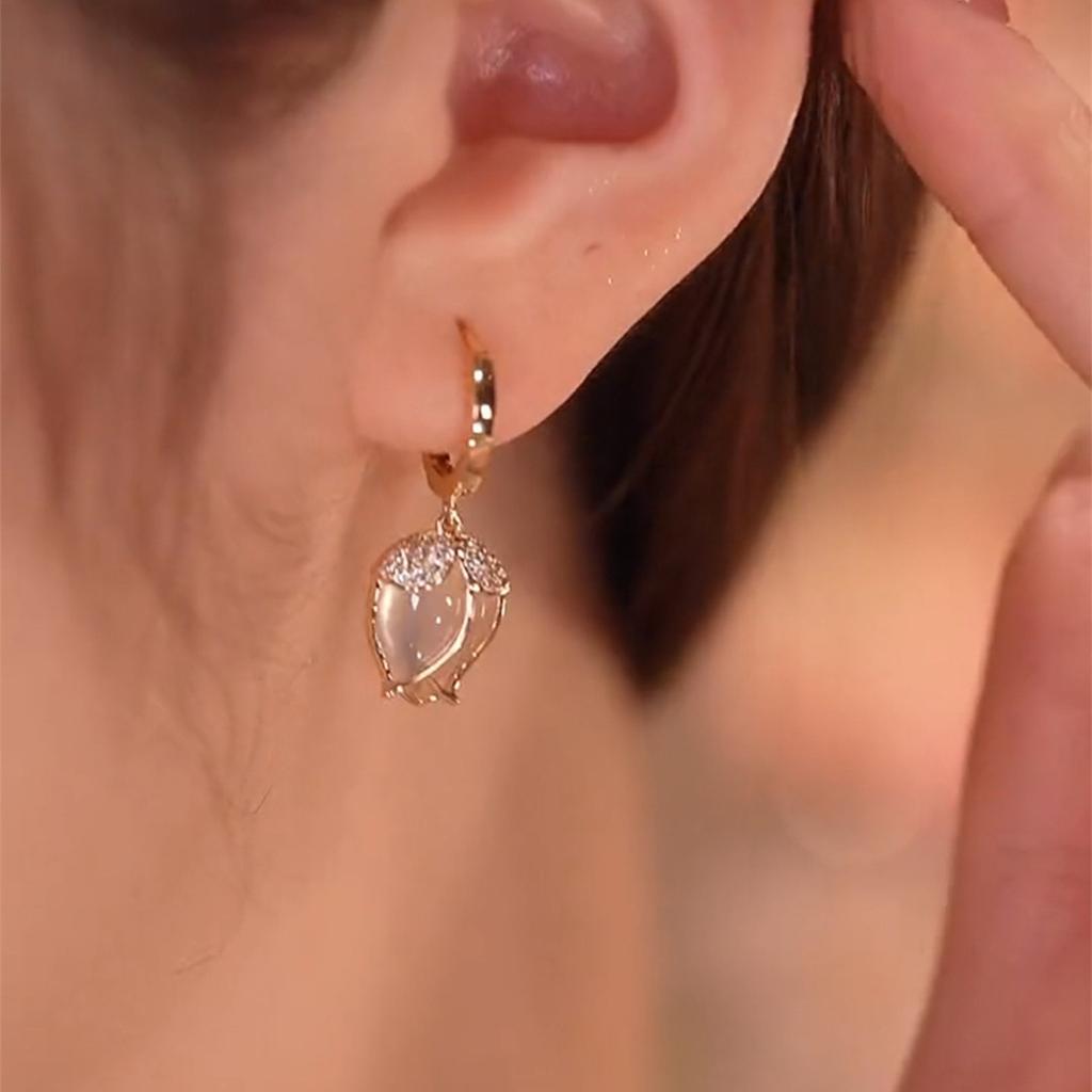 Light Luxury  Earrings With Full Diamonds Women'S  Ear Buckles Design High-End Feeling Famous Cat Eye Stone Flower Earrings