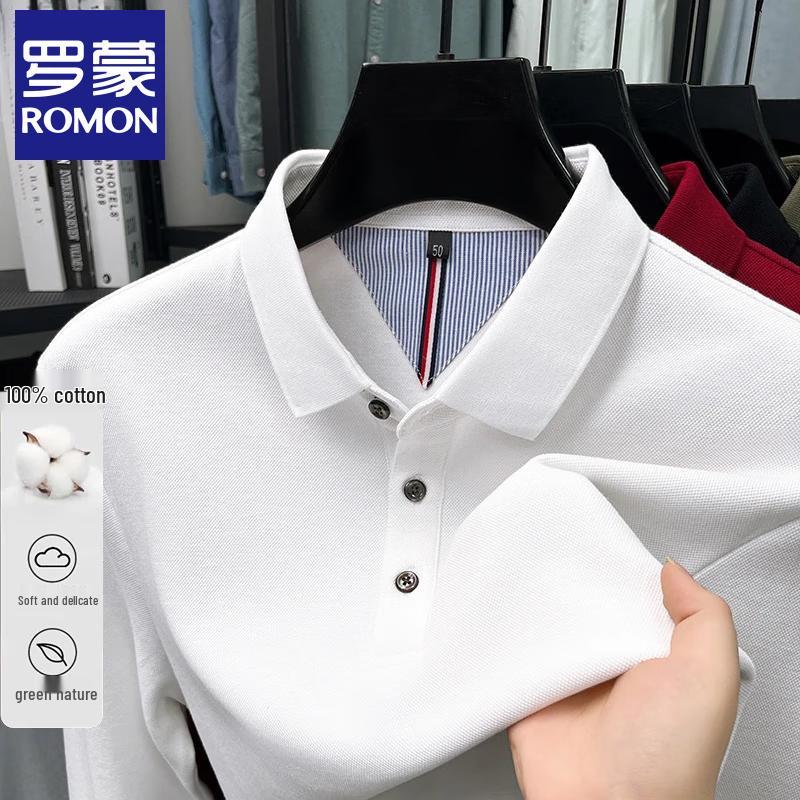 Romon Men's Pure Cotton Business Casual Long-Sleeve Polo Shirt