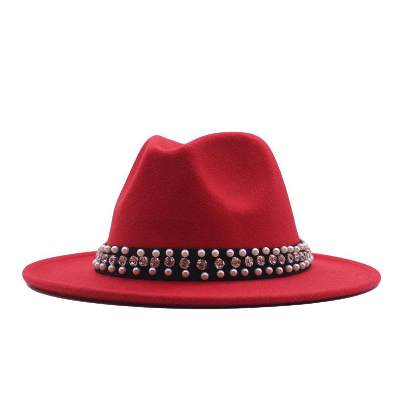 European and American Style Spring and Autumn Winter Imitation Felt Big Edge Hat British Retro Woolen Top Hat Women's Pearl Rhinestone Ribbon Jazz Hat