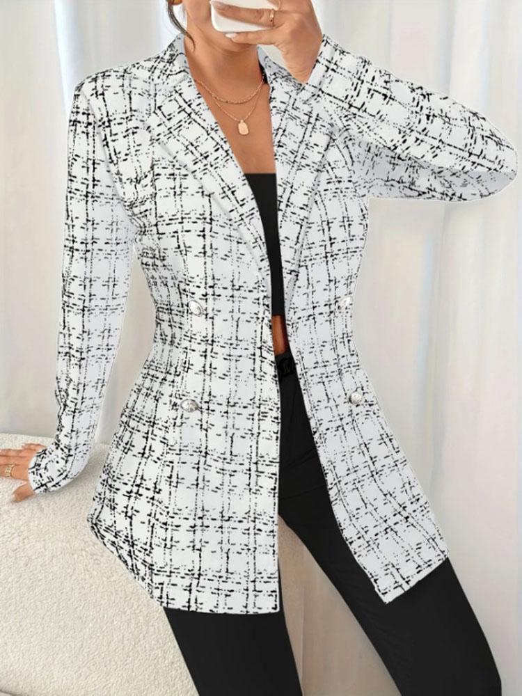 Autumn Winter New Elegant Black and White Grid Pattern Lapel Button Long Sleeve Slim Suits