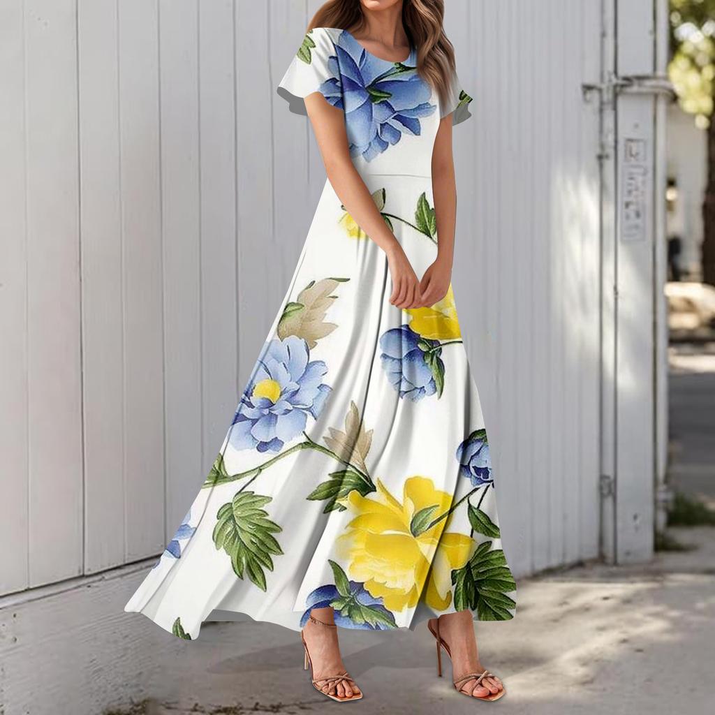 Damenkleid mit Hawaii-Print, lässig, Rundhalsausschnitt, kurzärmelig, hohe Taille
