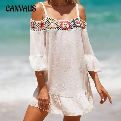 Zomer Dames Halter Zonnekleding Handgehaakte Kant Eén Schouder Tops Casual Effen Kleur Zonwerend Strandjurk Strand Cover-ups