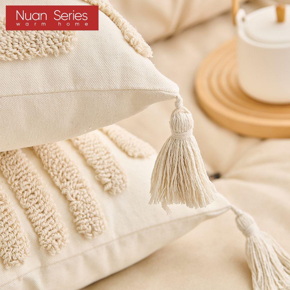 1 Stück Nuan Serie Beige Weicher Kissenbezug Böhmischer Quastenstil Getuftet Gestickt Kissenbezug für Sofa Wohnzimmer Schlafzimmer Heimdeko