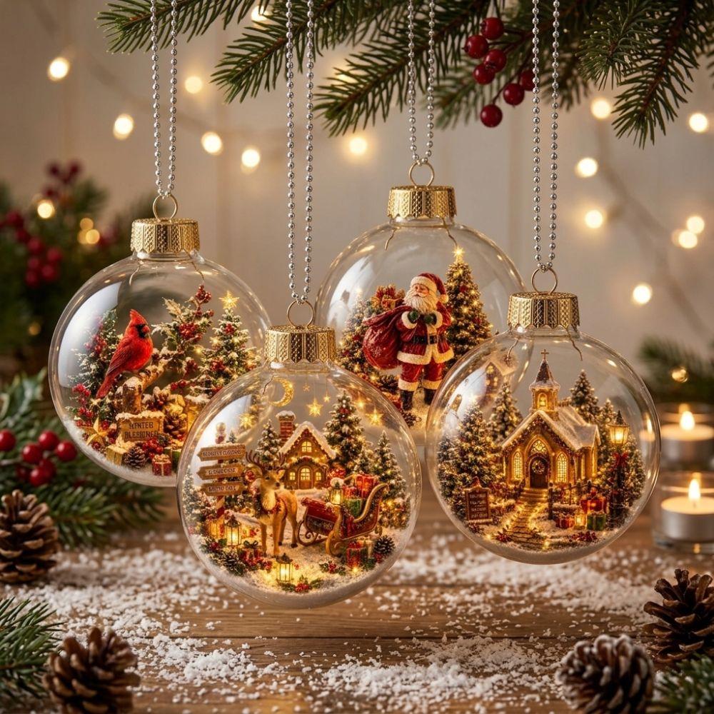 Vintage Winter Glowing Christmas Ball Ornament LED Warm Lights Snow House 3D Christmas Hanging Bauble Plastic Acrylic