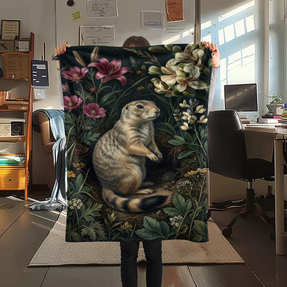 1PC Cute Little Groundhog  Print FlAannel Blanket, High Quality Comfortable for All Seasons, Home Decor, Warmth and Comfort