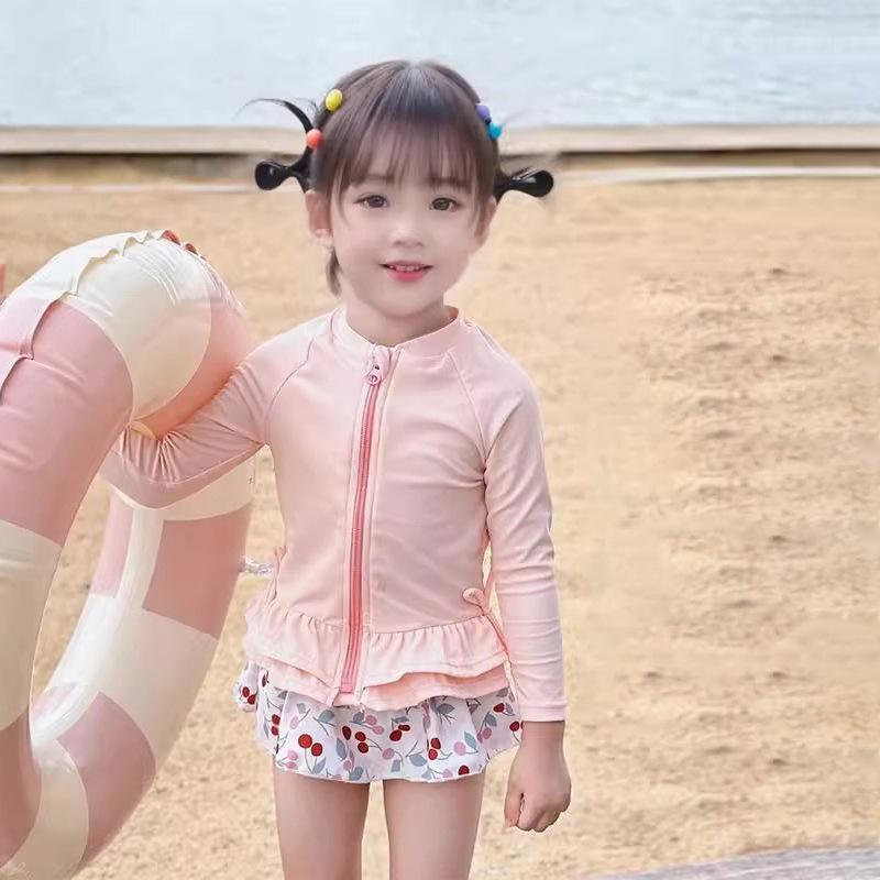 Girls Summer UV Protection Long Sleeve Two Piece Swimsuit Quick Dry Floral Skirt Swimwear For Kids 90