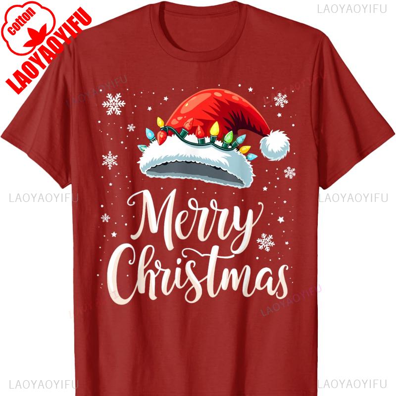 Red Santa Hat Christmas Tshirt with Christmas LightsMen and Women Crew Neck Short Sleeve Cotton Top Casual Fashion Comfortable