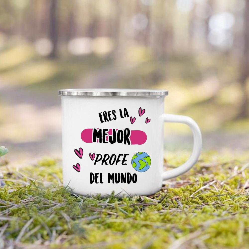 Best Teacher in The World Spanish Printed Mug Creative Coffee Cups Drinks Enamel Cup Vintage Handle Drinkware Gifts for Teacher